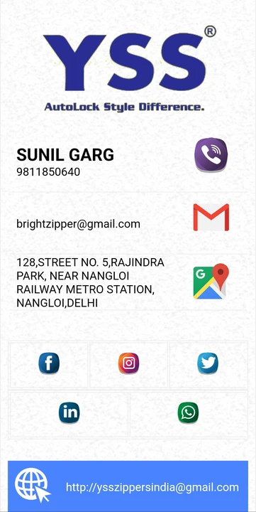 Visiting card store images of YSS ZIPPER INDIA