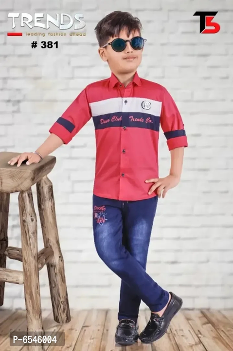 Fabulous Pink Cotton Printed Shirts with Jeans Set For Boys uploaded by wholsale market on 2/20/2023