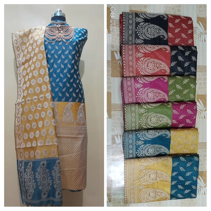 Post image Banarasi silk Suit three piece  with beautiful dupatta matching salwar
Length top-2.5
Bottom 2.5
Dupatta 2.5