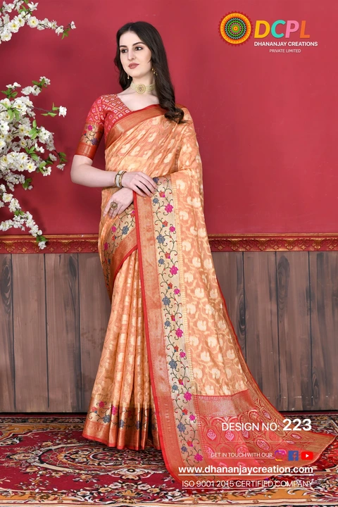 Beautiful banarasi silk saree with blouse piece orenge colour  uploaded by Dhananjay Creations Pvt Ltd. on 2/20/2023