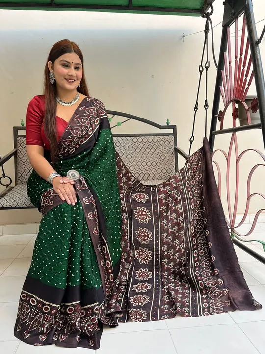 AJRAKH WITH BANDHEJ  MODAL SILK SAREE  SIZE - 6.5 mt WITH AJRAKH BLOUSE
 uploaded by business on 2/21/2023