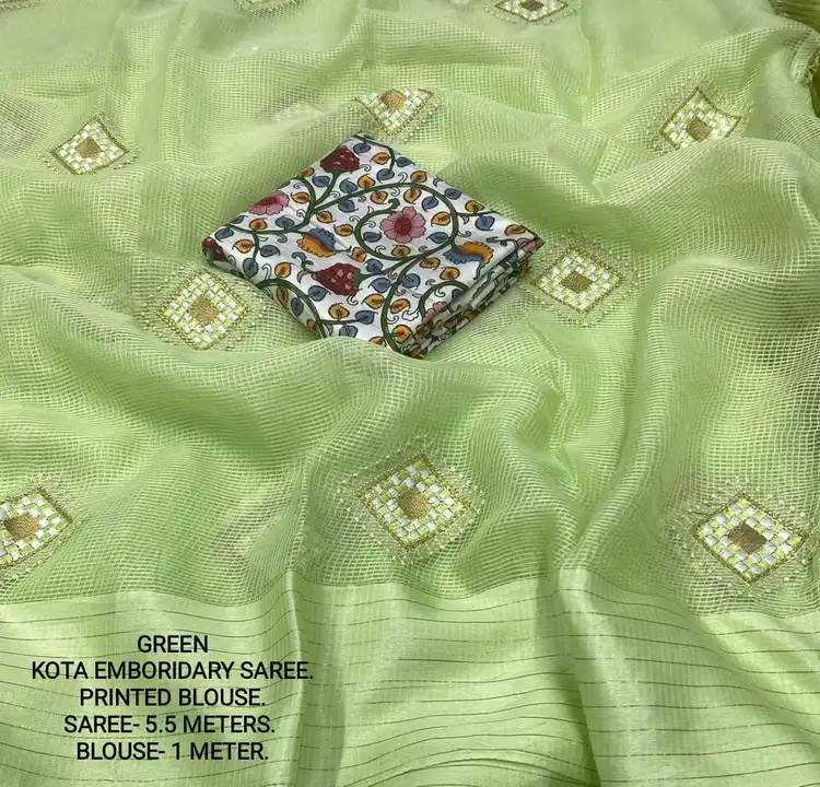 Post image *new arrivals*

Top kota embroidery sarees with with printed blouse 

 KOTA KING* (D-2)


*Quality*- soft kota saree with sartin pattu border 

Cross stich emboridary with tassels on pallu 

*Blouse*- kalamkari style printed malbery blouse.

*Length*- 
Saree- 5.5 meters
Blouse- 1 meter 

Top trusted quality