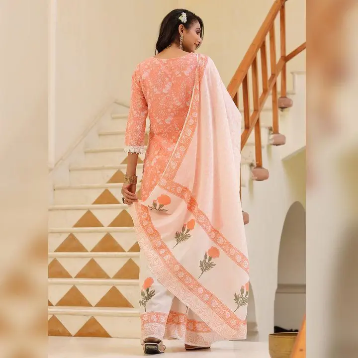 ➡️Feel the comfort of cotton fabric with this amazing coral pink festive wear printed sharara suit😍 uploaded by Ladies_Wear on 2/21/2023
