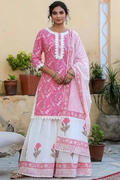 ➡️Feel the comfort of cotton fabric with this amazing coral pink festive wear printed sharara suit😍 uploaded by business on 2/21/2023