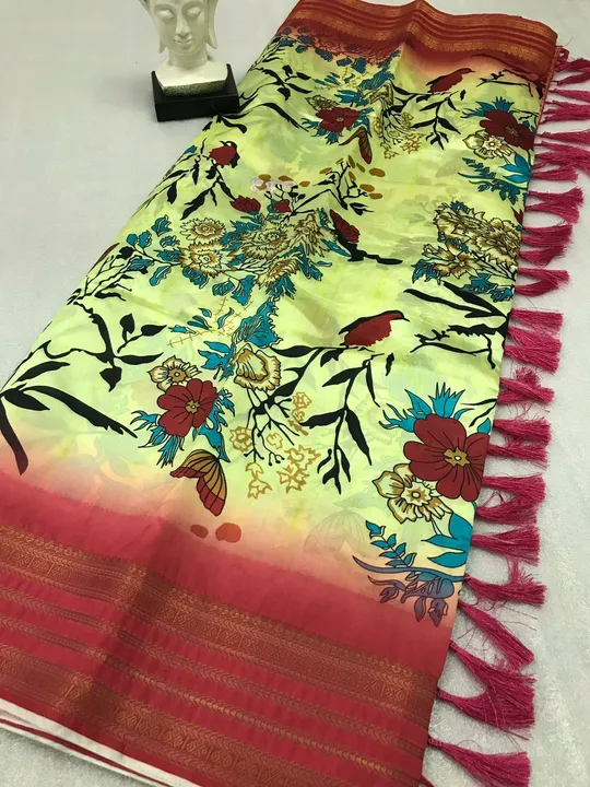 Post image *🌺NEW LAUNCHING 🌺*

*Soft Silk Saree with Flower Digital Print all over and Weaving Jacquard Border Having The Unique design In Pallu With Taseels*

*Blouse:- Contrast With Digital Print**

*Ready To ship*