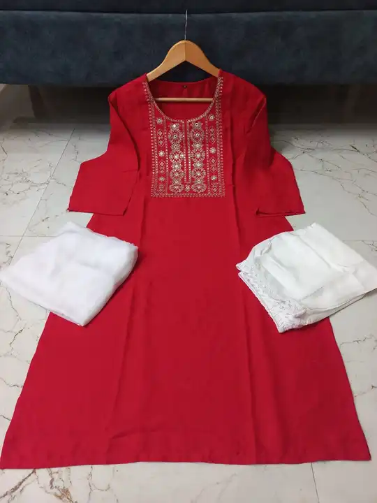 Rayon Fabric Kurti with Pant and Dupatta Set uploaded by Shree Dayal and Company on 2/21/2023