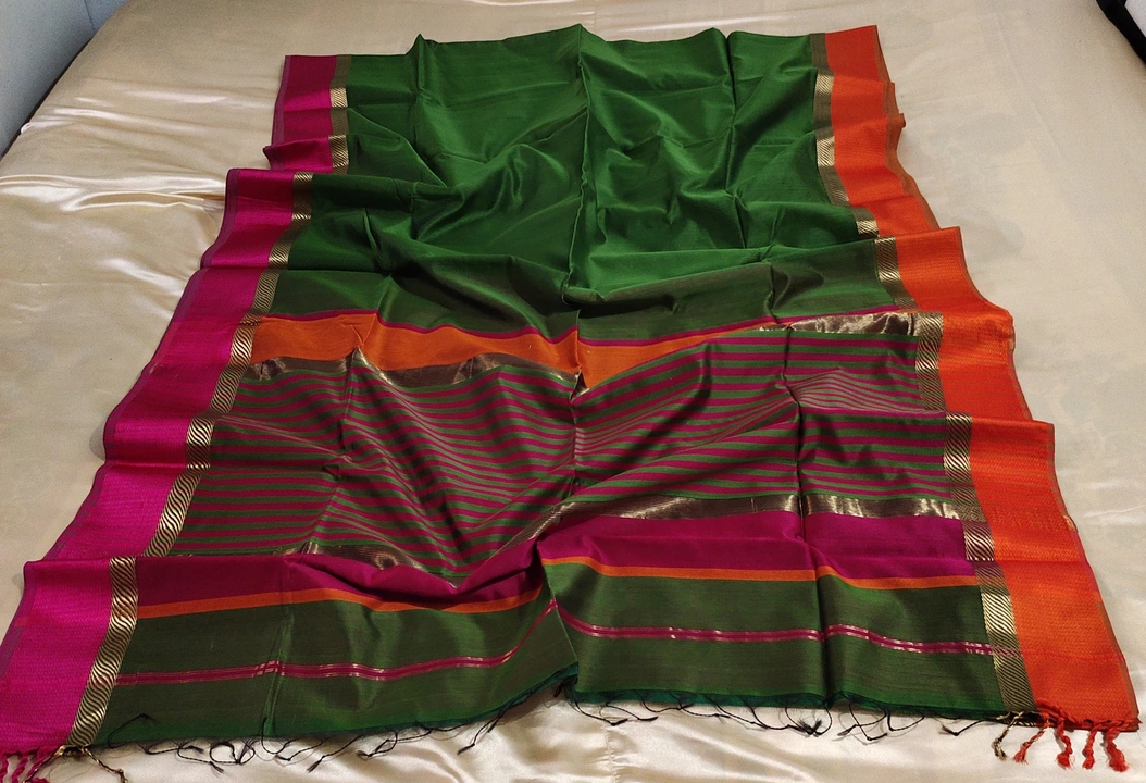 Post image Maheshwari handloom sarees are made with heavenly fabric, which is soft to touch &amp; skin-friendly so that you have a perfect blend of class, comfort &amp; style. This saree is embellished with golen jari border and buti work. It will give you the best look for any occasion with its fine craftsmans!

100% maheshwari handloom saree

Beautiful body look

Material : sico silk

Warp : 20/22 silk

Weft : 2/120 4 play mercerized (cotton )

Special Instructions

Dry clean only;
Wash dark and light colors separately;
Do not squeeze or wring;
Store in clean and dry place, away from insects, dust, excessive light wait saree