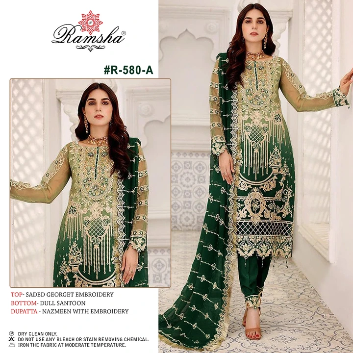 *RAMSHA..PRESENT*

*🌻#R-580 nx 🌻*

RATE  :- *1350 ₹*+GST

FABRICS DETAIL:-
TOP:- *SADED GEORGET EM uploaded by Dress material on 2/22/2023