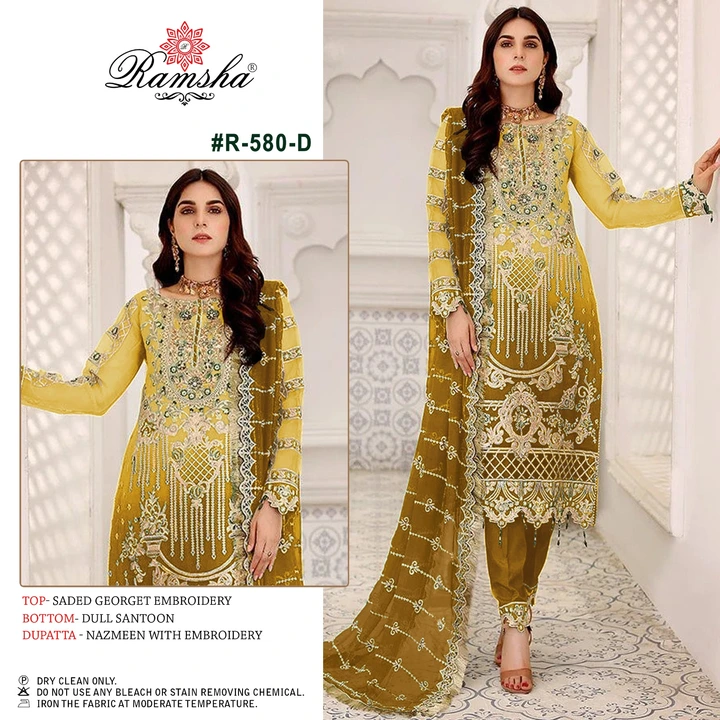 *RAMSHA..PRESENT*

*🌻#R-580 nx 🌻*

RATE  :- *1350 ₹*+GST

FABRICS DETAIL:-
TOP:- *SADED GEORGET EM uploaded by Dress material on 2/22/2023