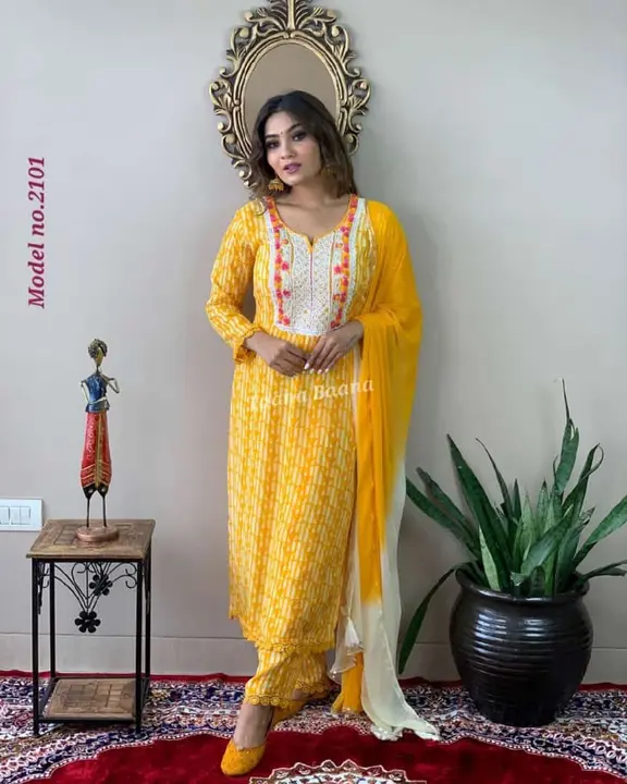 Post image *Royal kurti exclusive*

*Spicial Offer*

*Adorn your wardrobe classy melanage kurti with pant and chiffon dupatta heavy real gota work and  thread embroidery work on kurti and pant   pure chiffon dupatta with gotta detailings all over*



*Reyon sulv is high primium quality fabric*

Size - 38,40,42,44, ,


Kurta length: 44
Pant length - 38-39
Sleeves length - 17
Dupatta - 2.4