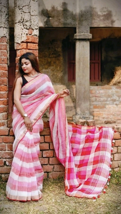 Handloom Linen Cotton Stripe Saree  uploaded by Milaans on 2/22/2023