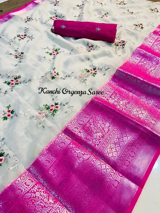 Kanchi Orgenza Jacquard Saree With Squence Multi Emrodiry Work uploaded by DUDHAT Impax on 2/23/2023