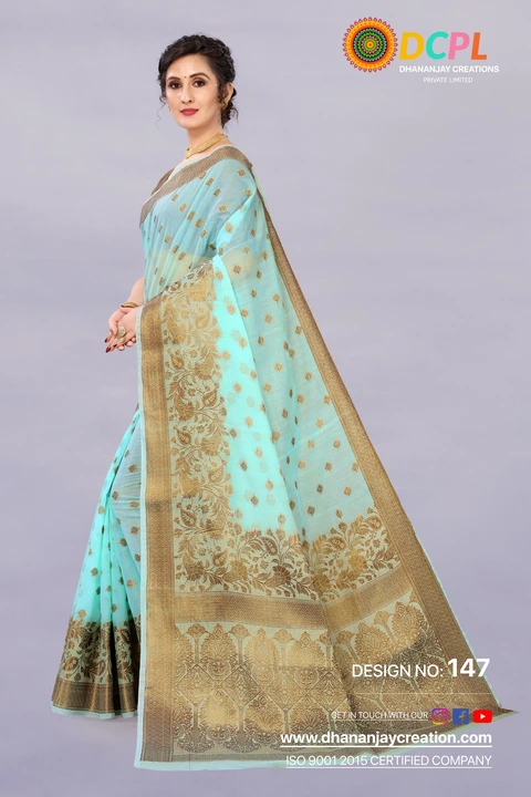 Golden Zari Folour Design With Allover butti design Cotton fabric Saree uploaded by DHANANJAY CREATION  on 2/24/2023