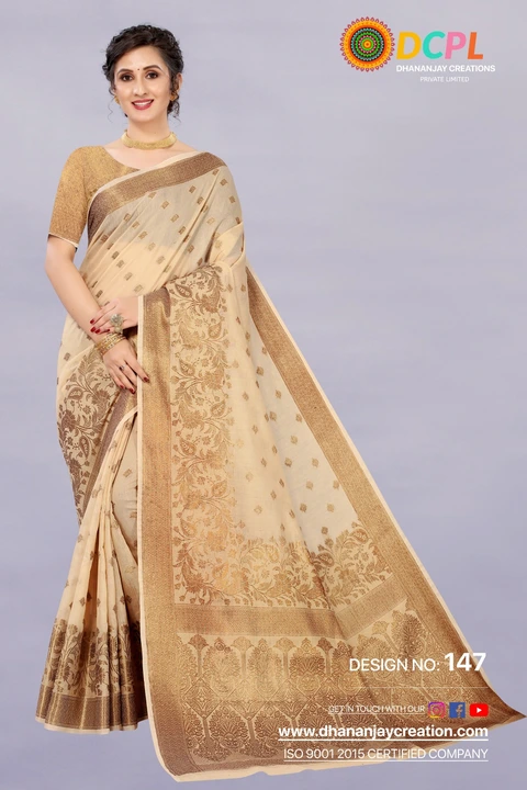 Golden Zari Folour Design With Allover butti design Cotton fabric Saree  uploaded by DHANANJAY CREATION  on 2/24/2023