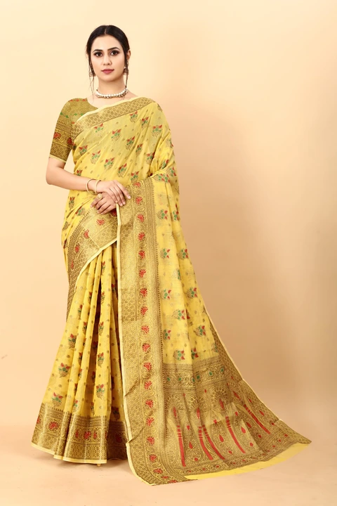 Golden Zari Folour Design With Allover multi Color Thread Butti design Cotton fabric Saree  uploaded by DHANANJAY CREATION  on 2/24/2023