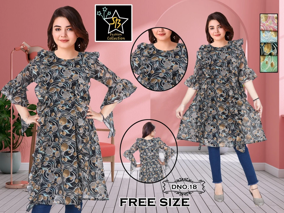 Post image Georgette print 
Free size 
38 chest 
38 long