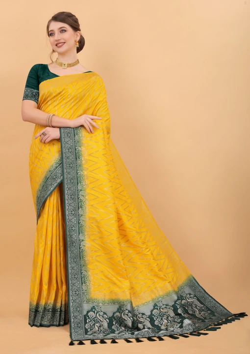 Green Border With Allover golden Butti design saree uploaded by DHANANJAY CREATION  on 2/24/2023
