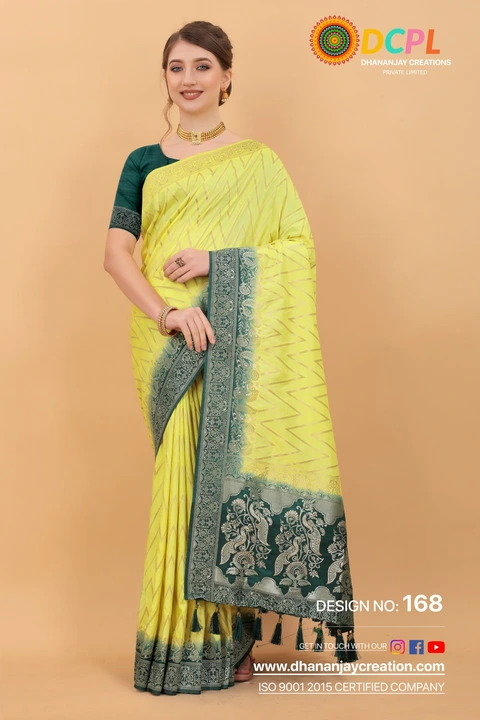Green Border With Allover Golden Butti design Banarasi saree  uploaded by DHANANJAY CREATION  on 2/24/2023