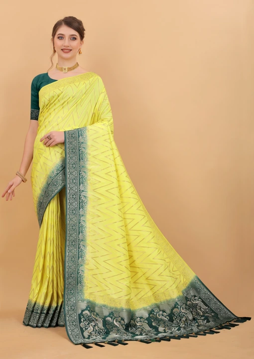 Green Border With Allover Golden Butti design Banarasi saree  uploaded by DHANANJAY CREATION  on 2/24/2023