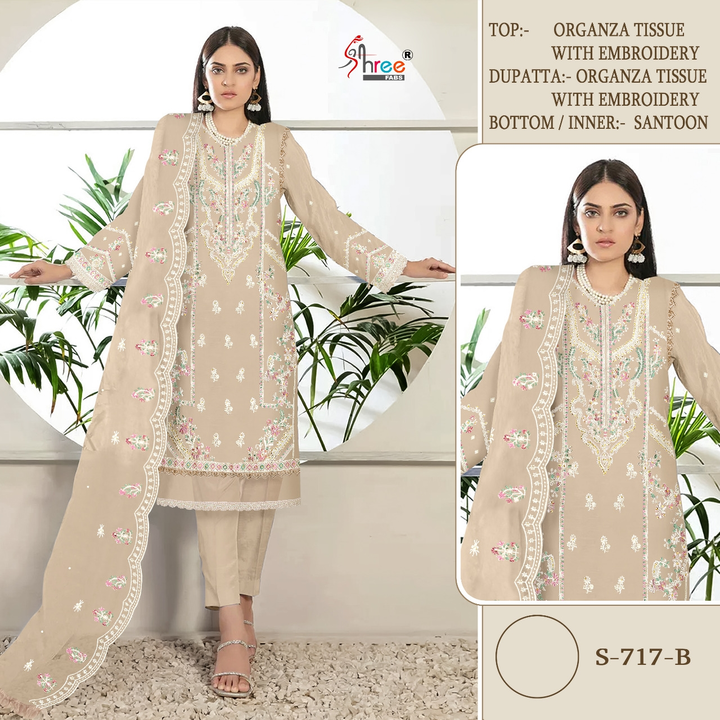 Top organza with embroidery 
Duptta organza with embroidery 
Bottam inner santoon 
shree fabs 717 
* uploaded by Roza Fabrics on 2/24/2023
