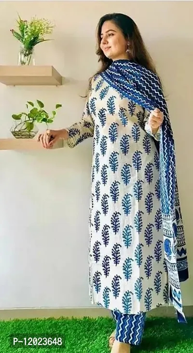 Alluring Blue Cotton Printed Kurta with Palazzo And Dupatta Set  uploaded by business on 2/24/2023