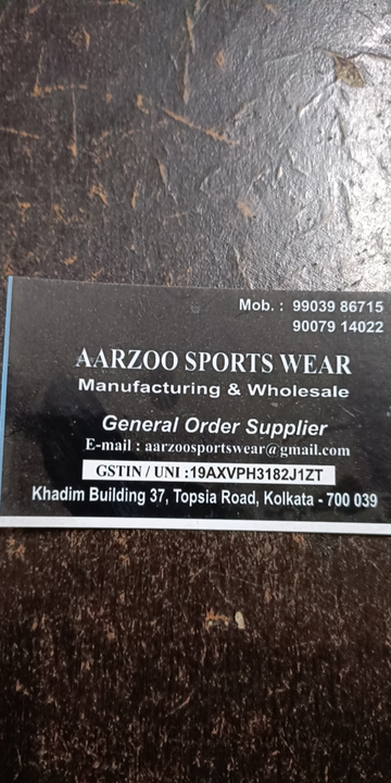Visiting card store images of Aarzoo sports wear