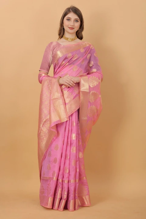Beautiful pink saree with unstitch blouse piece  pink colour available  uploaded by Dhananjay Creations Pvt Ltd. on 2/25/2023