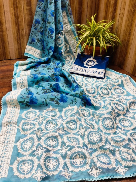 

*Lakhnavi orgenza*

**Soft  Khadi orgenza**  fabrics saree with Lakhnavi viscose thread work  with uploaded by Vishal trendz 1011 avadh textile market on 2/25/2023