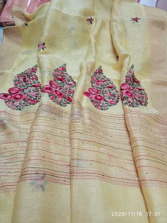 Handloom linen saree with hand work----- my WhatsApp  uploaded by business on 2/23/2021