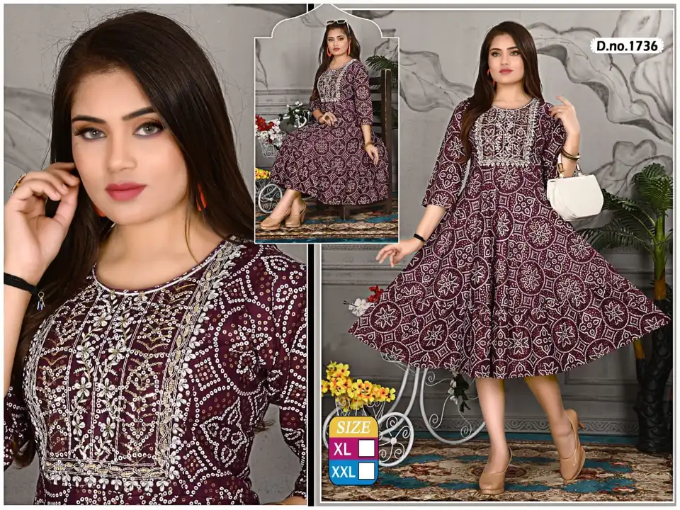 Long Fancy work Ghera Kurtis xl xxl fancy designer printed embroidery uploaded by Radha Creation , Maira sales for Readymade items on 2/26/2023