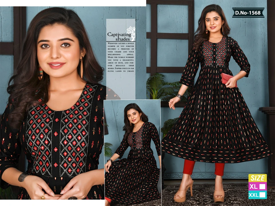 Long Fancy work Ghera Kurtis xl xxl fancy designer printed embroidery uploaded by Radha Creation , Maira sales for Readymade items on 2/26/2023
