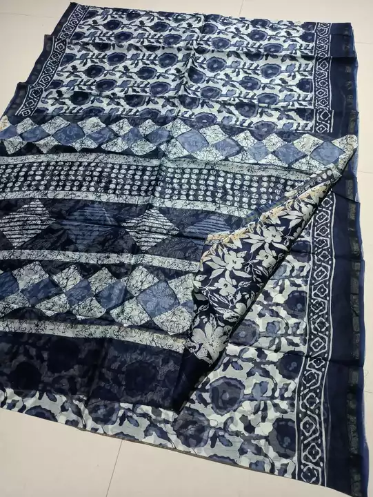 Handblock fancy indigo print mulmul cotton chanderi saree uploaded by Virasat handloom chanderi on 2/26/2023