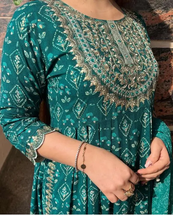 Sizes -38,40,42,44, Nayra Kali pattern kurti pant dupatta set with zari dori embroidery adda on yoke uploaded by Online Ladies Dresses on 2/27/2023