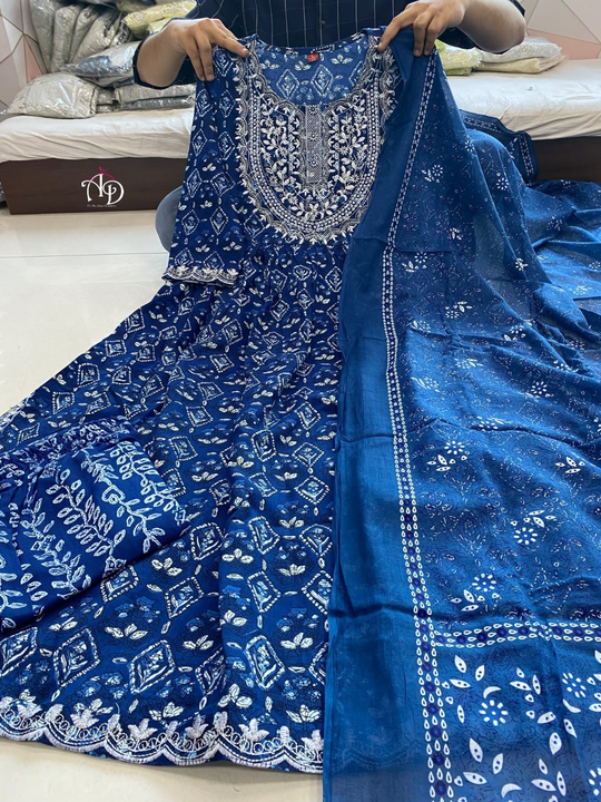 Sizes - ,38,40,42,44,Nayra Kali pattern kurti pant dupatta set with zari dori embroidery adda on yok uploaded by Online Ladies Dresses on 2/27/2023