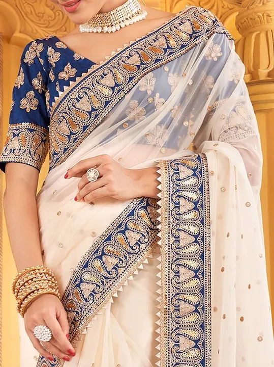 🧵 *SAREE :- Khadi Oraganza With Beautiful Embroidery Zari And 5.MM Sequence Work On Body, Cording + uploaded by NIVA CREATION on 2/28/2023