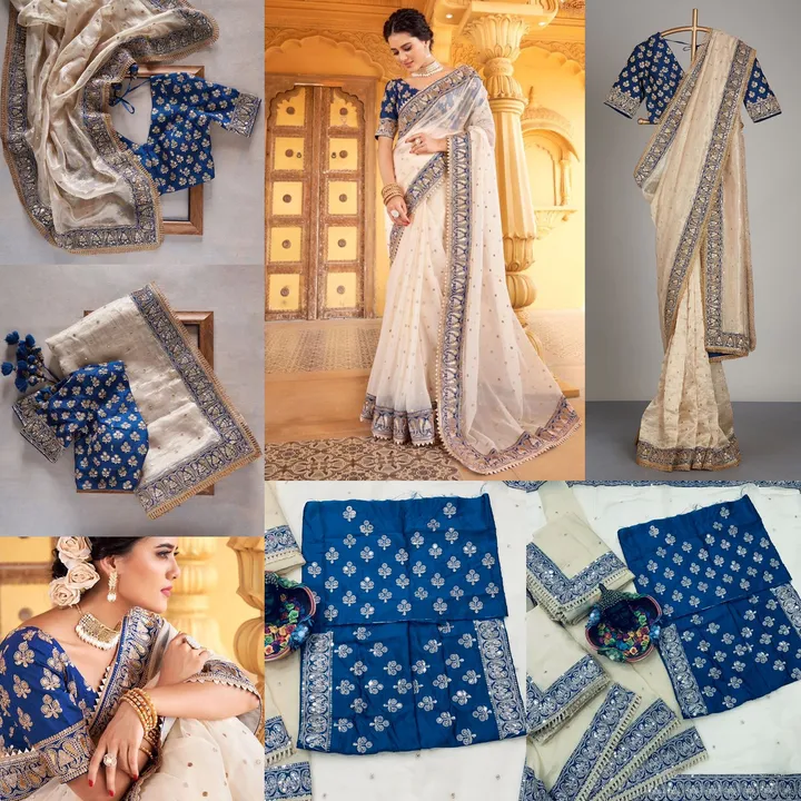 🧵 *SAREE :- Khadi Oraganza With Beautiful Embroidery Zari And 5.MM Sequence Work On Body, Cording + uploaded by NIVA CREATION on 2/28/2023