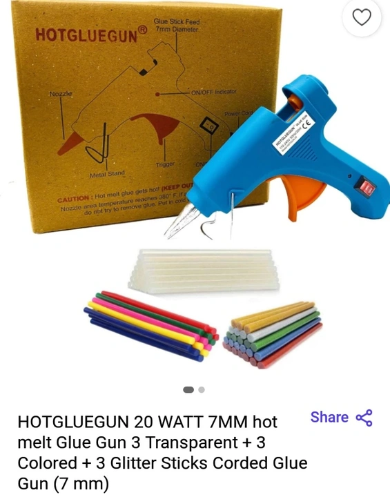 Hot gluegun 20 watt 7mm with 3 transparent, 3 colored , 3 glitter sticks corded glue gun uploaded by business on 3/1/2023