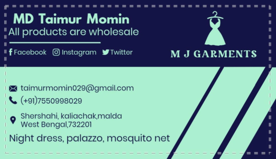 Visiting card store images of M J Garments