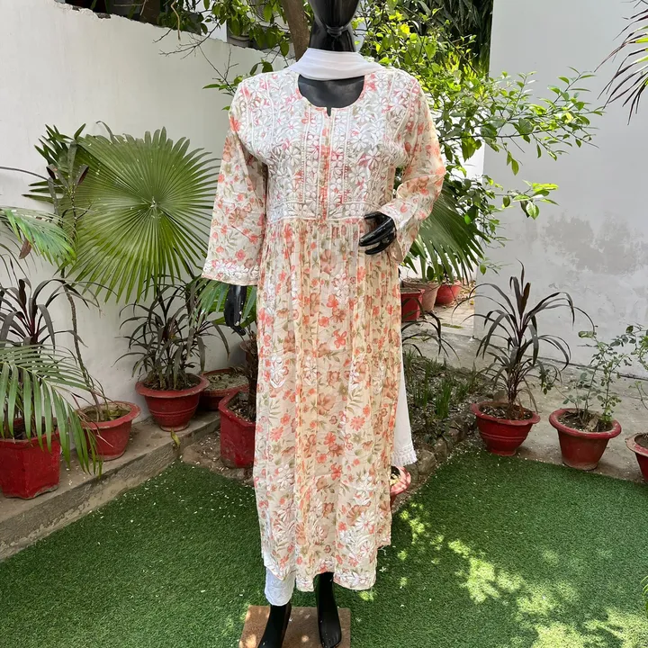 Malmal print original handcrafted chikankari work gown uploaded by business on 3/2/2023