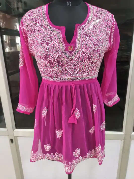 Chikan kari short frock handwork work with mirror 
Fabric gerorgatte
Size 34-44
 uploaded by H.A Traders on 5/29/2024