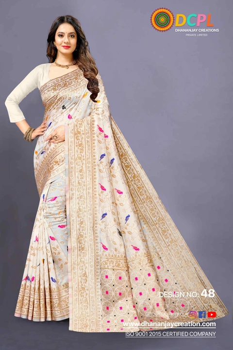 Beautiful cream colour saree with blouse piece  uploaded by Dhananjay Creations Pvt Ltd. on 3/3/2023