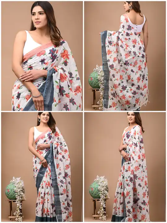 🥻New arrival🥻
 *Linen saree* 
Hand block print
All saree with same blouse 
Saree lenght  5.50
Blou uploaded by Saiba hand block on 3/4/2023