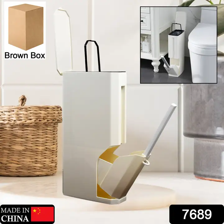 7689 Slim Plastic Trash Can Toilet Bowl Brush Small Garbage Can with Lid Toilet Brush with Holder Se uploaded by DeoDap on 3/4/2023