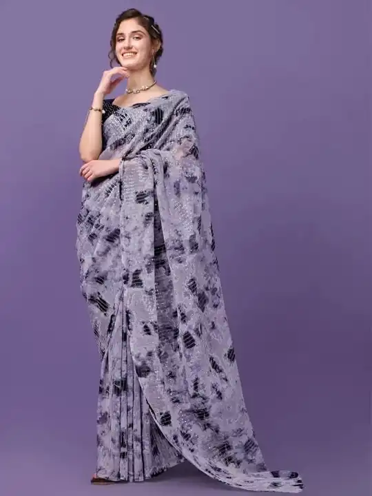 Grey Shibori print Georgette saree with transparent sequence line work. uploaded by Reeva Trends on 3/6/2023