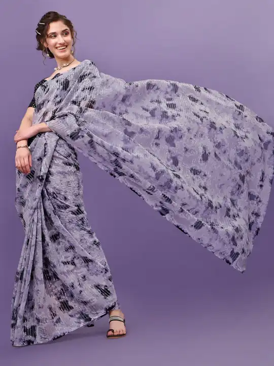 Grey Shibori print Georgette saree with transparent sequence line work. uploaded by Reeva Trends on 3/6/2023