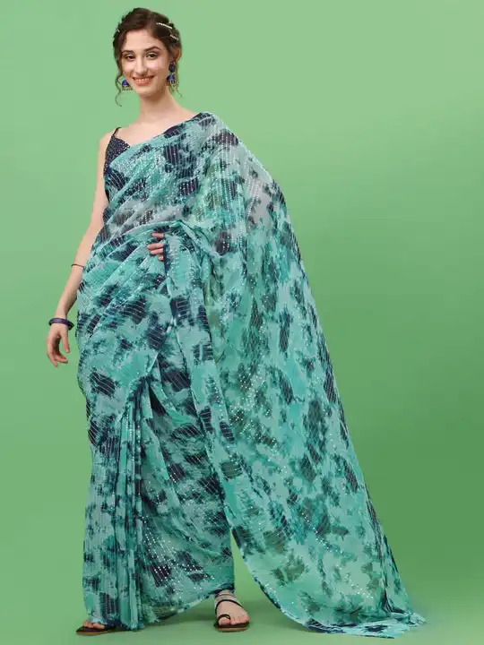 Blue Shibori print Georgette saree with transparent sequence line work. uploaded by business on 3/6/2023