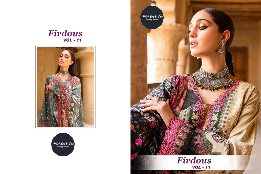 *Firouds vol .11  mehbbob tex SUITS* 

Top -Pure cotton with  embroidery 2 patch 

Bot - cotton soli uploaded by Divya Fashion on 3/7/2023