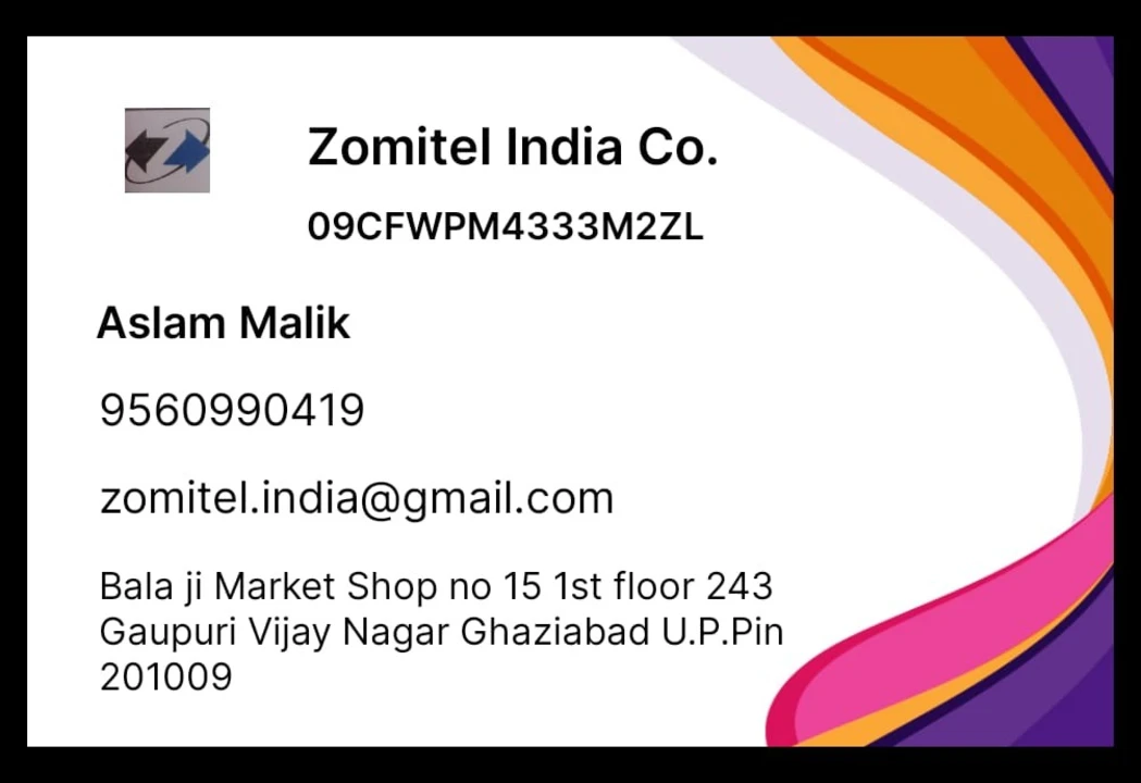 Visiting card store images of Zomitel india Co .