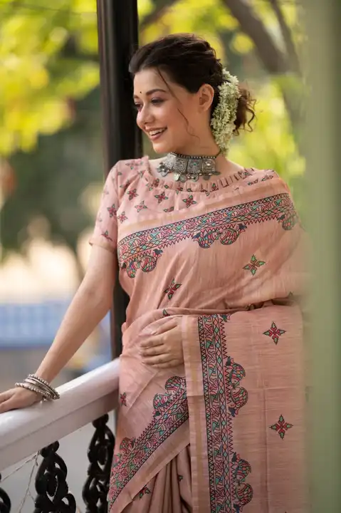 *Tussar silk* saree with beautiful *Madhubani print* and finished zari border with fancy pallu  uploaded by Miss Lifestyle on 3/8/2023