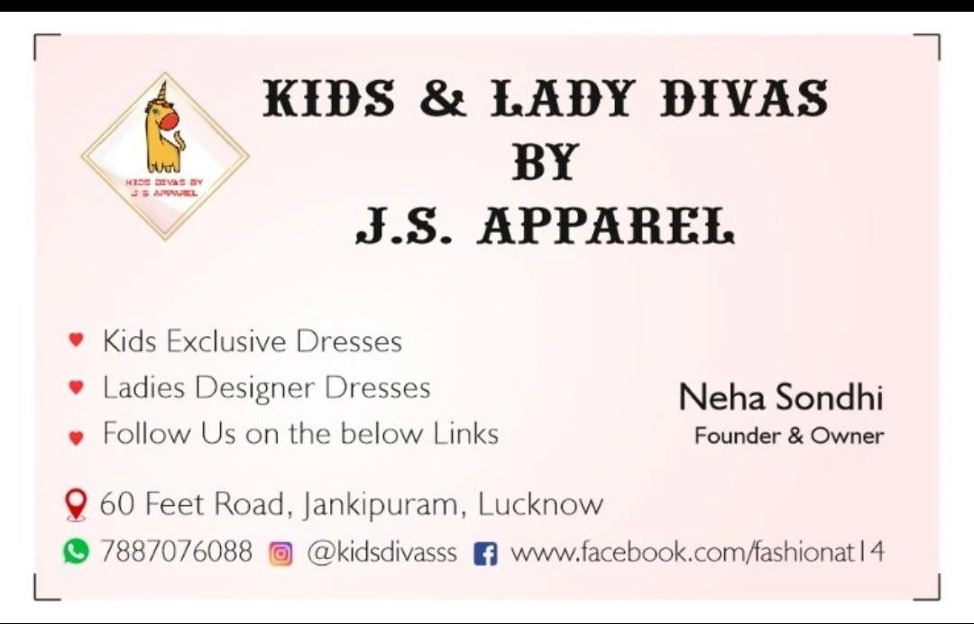 Visiting card store images of J S APPAREL ( kids and lady Diva )